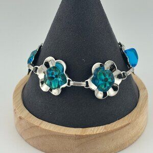 Vintage Silver & Aquamarine Toned Flower Bracelet